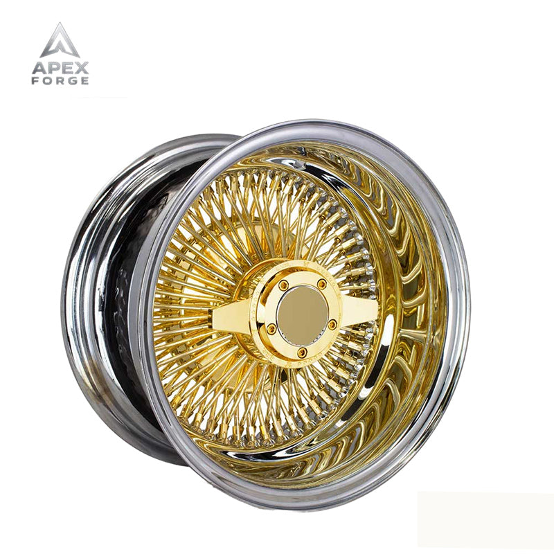 13x7 14x7 Multi-Spoke Lowrider Wire Wheels 72 100 Straight Lace Spokes Chrome Centre Gold Wheel