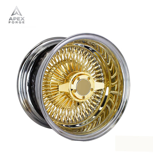 13x7 14x7 Multi-Spoke Lowrider Wire Wheels 72 100 Straight Lace Spokes Chrome Centre Gold Wheel