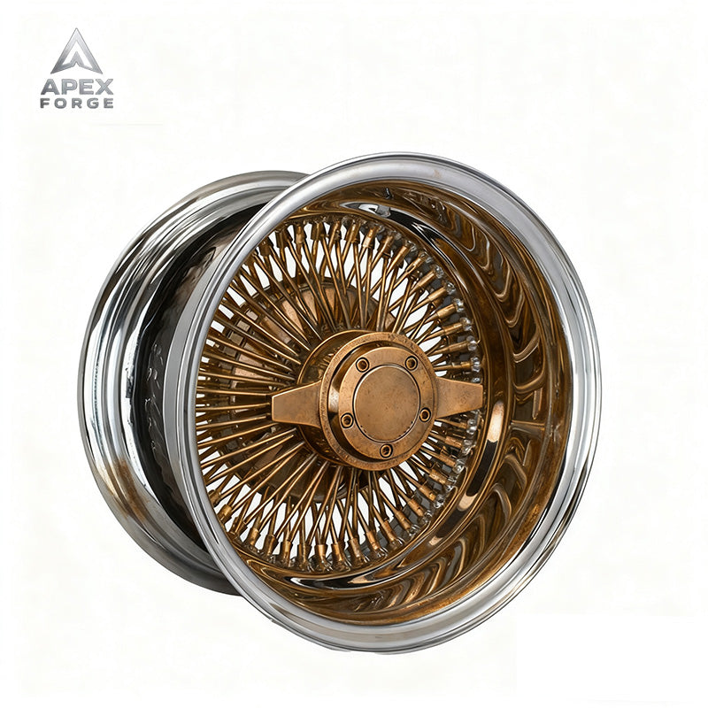 13x7 14x7 Multi-Spoke Lowrider Wire Wheels 72 100 Straight Lace Spokes Chrome Centre Gold Wheel