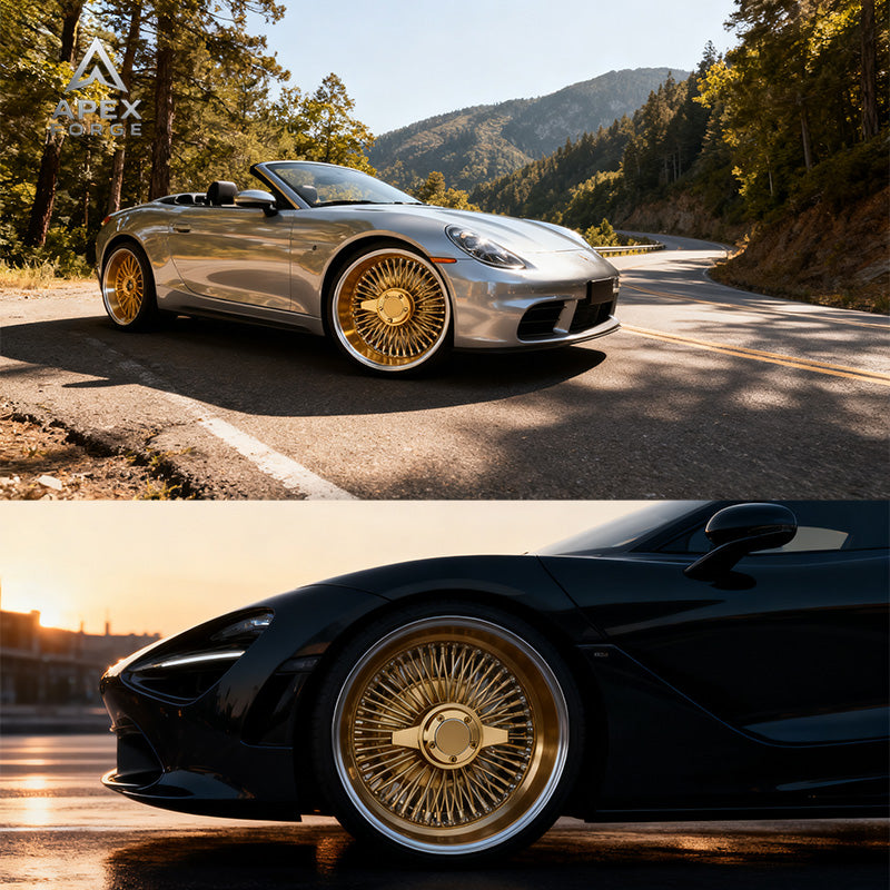 13x7 14x7 Multi-Spoke Lowrider Wire Wheels 72 100 Straight Lace Spokes Chrome Centre Gold Wheel